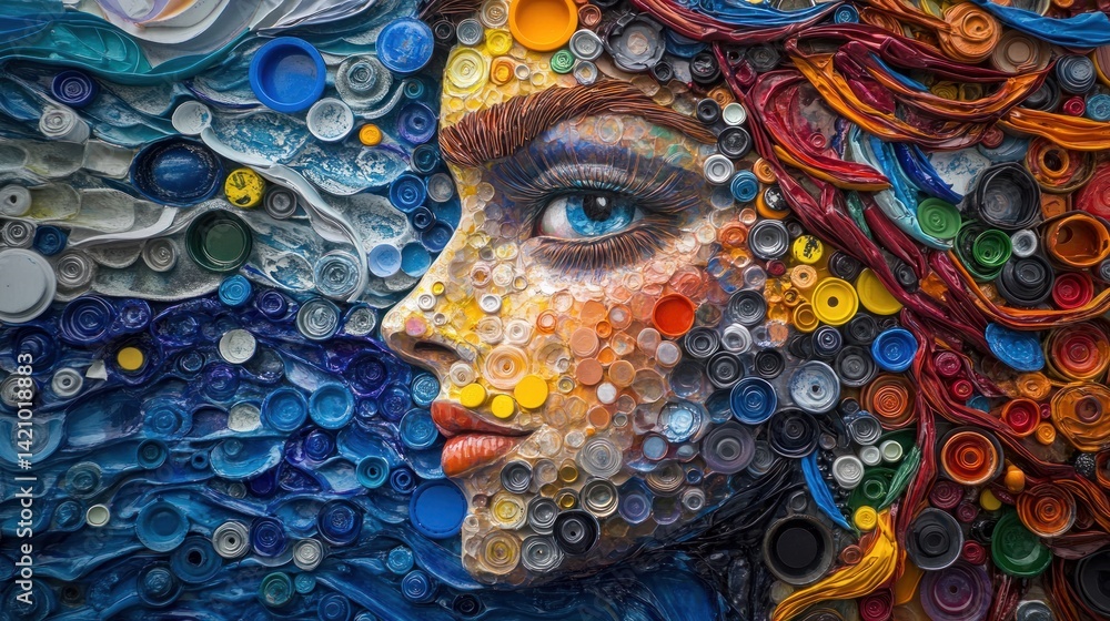 Fototapeta premium Recycled Plastic Portrait: A Colorful Ocean Muse