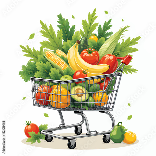Groceries overflowing from shopping cart with leafy greens