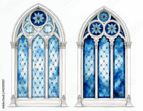 Gothic Arch Windows with Blue Stained Glass Flowers