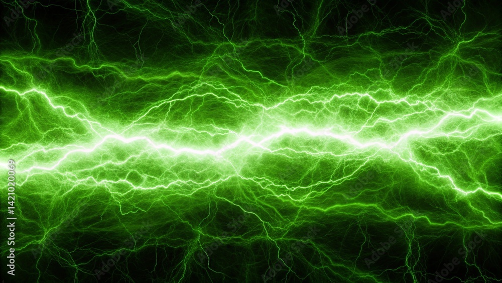 Fototapeta premium Green power lightning bolt, plasma and electric power background, energy burst, futuristic electricity effect, glowing thunder, abstract spark, high voltage visual, dynamic electric surge