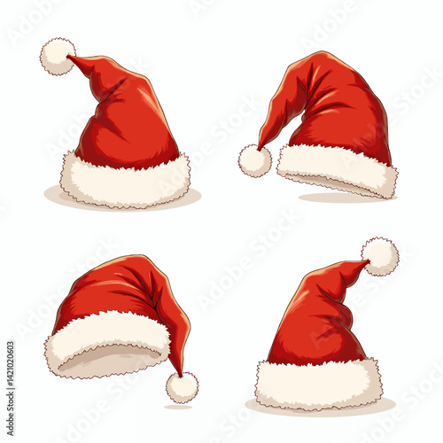 Four Cartoon Red Santa Hats with White Trim