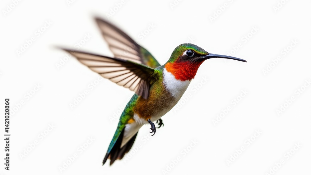 Fototapeta premium Ruby-Throated Hummingbird In Flight, White Background