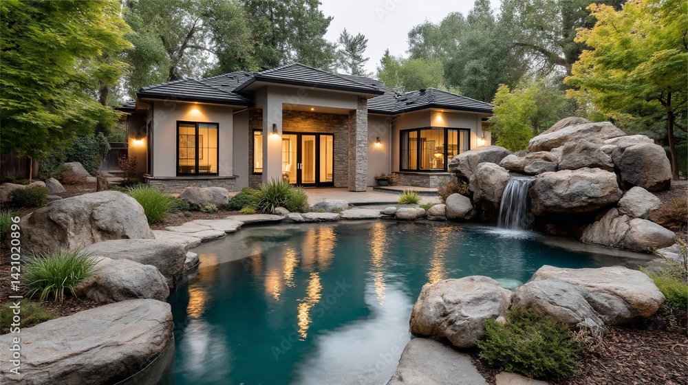 Luxurious home with pool and waterfall surrounded by lush greenery and trees in serene environment Luxurious home with pool and waterfall surrounded by lush greenery and trees in serene environment