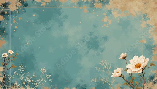 Floral teal background with gold accents and frame