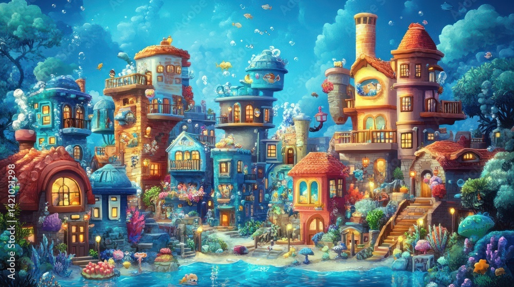 Fototapeta premium Enchanted Underwater Village: A whimsical fantasy town nestled beneath the waves, filled with charming houses, vibrant coral, and playful fish.