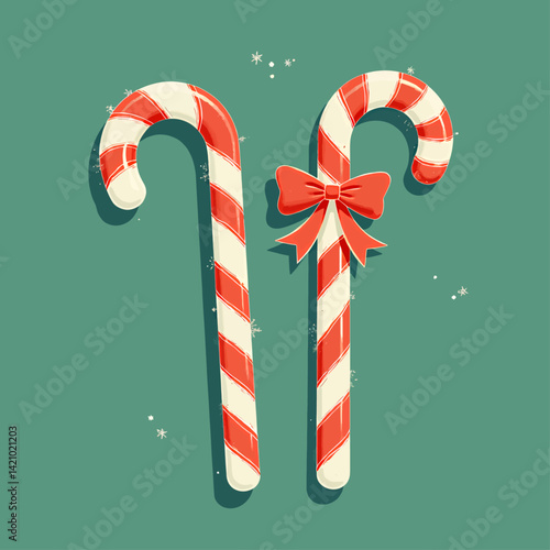 Festive Red and White Candy Canes with Bow on Teal Background