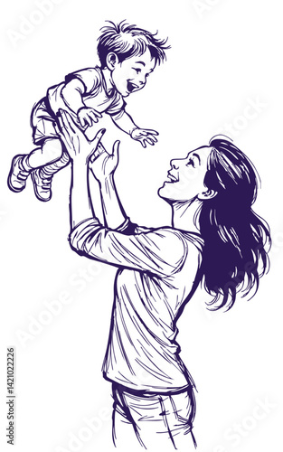 Happy mother and son playing. Sketch style smiling mum, laughing amused baby. Vector motherhood, family illustration. Mother holding laughing baby.