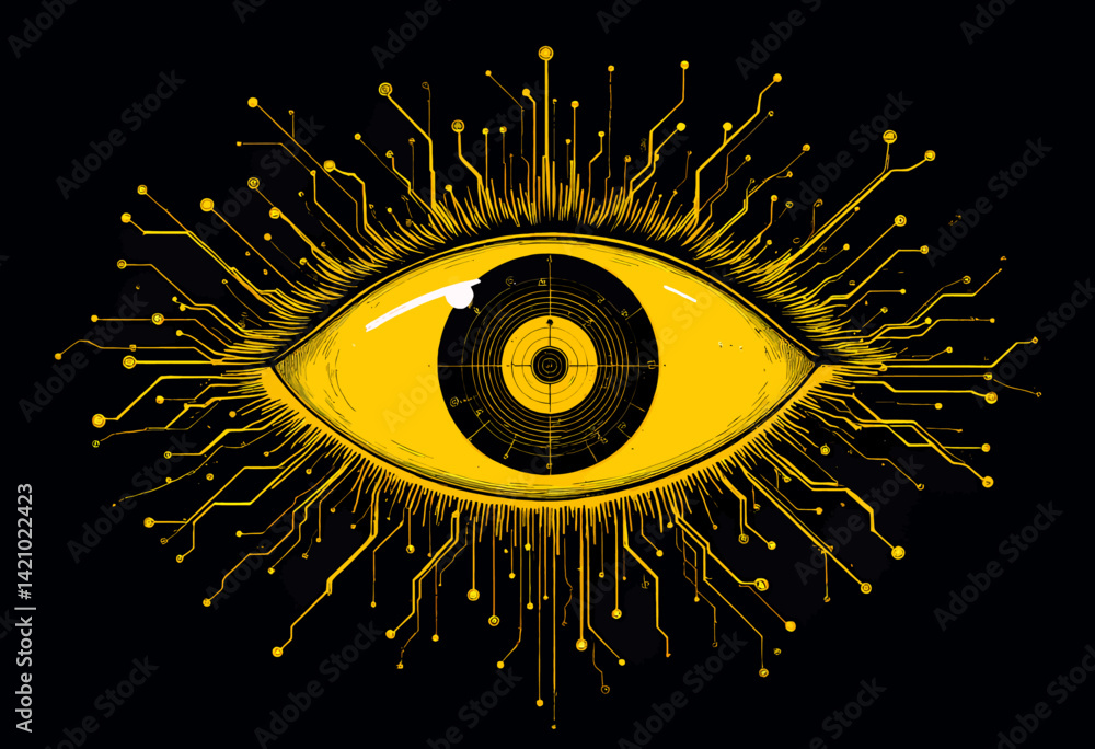 Cybernetic Eye: Yellow Circuitry on Black