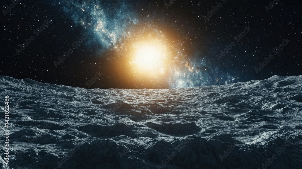 Cosmic View of Planetary Surface with Distant Star and Galaxy Glow Cosmic View of Planetary Surface with Distant Star and Galaxy Glow