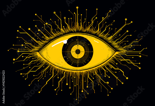 Obraz na płótnie Cybernetic Eye: Yellow Circuitry on Black w salonie