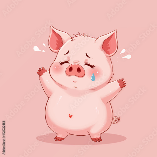 Crying Cartoon Piglet with Heart on Pink Background
