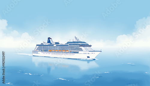 Cruise ship sailing on calm blue sea under cloudy sky