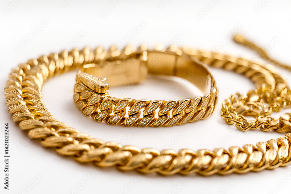 Fototapeta premium Luxurious Gold Necklace and Bracelet Sparkling Elegance and Opulence
