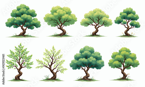 Cartoon trees with varying foliage styles and trunk shapes