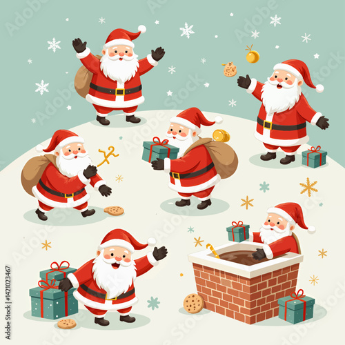 Obraz na płótnie Cartoon Santa Clauses with Gifts and Cookies Pattern w salonie