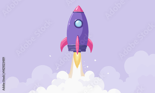 Cartoon rocket launching with smoke on lavender background