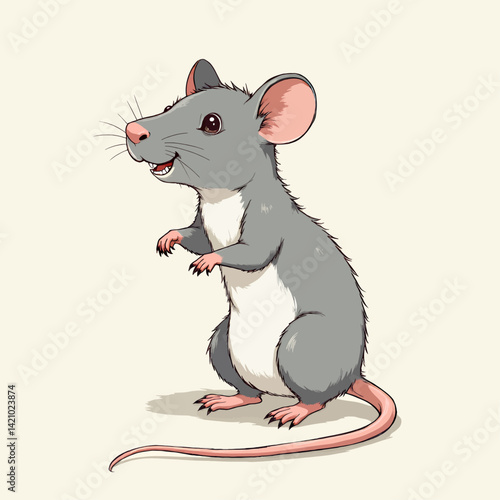 Cartoon Gray Rat Standing Upright and Smiling