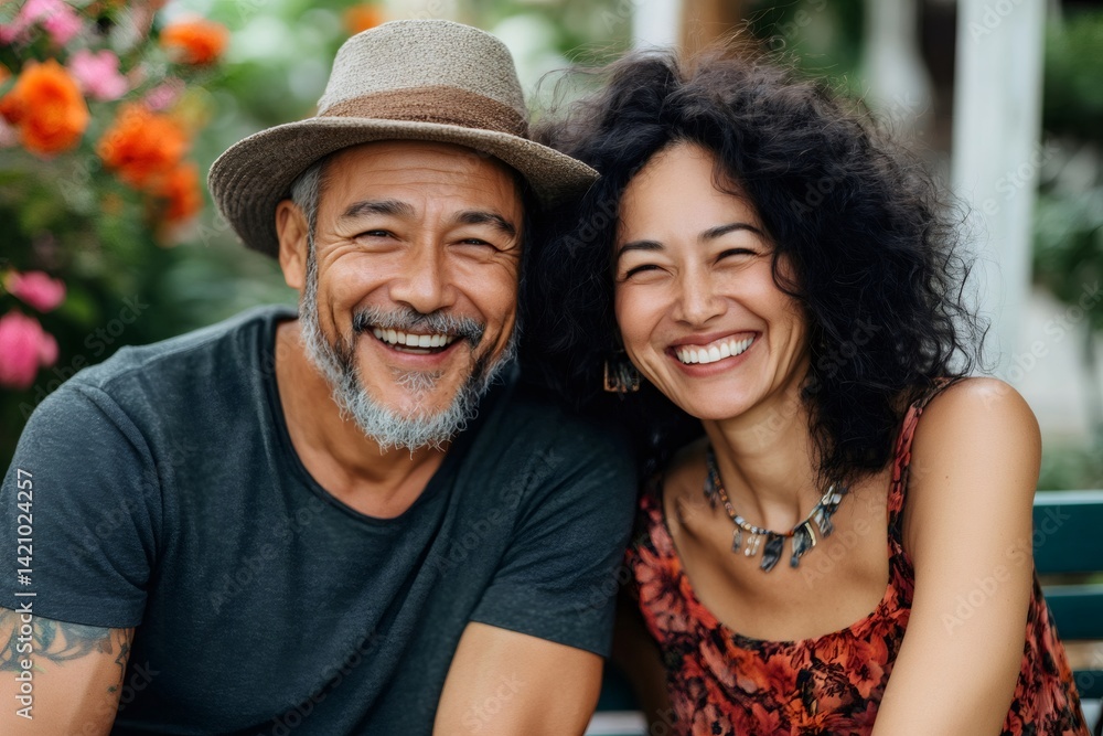 Happy mature couple laughing together on a bench in a garden Happy mature couple laughing together on a bench in a garden