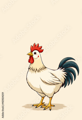 Cartoon Chicken with Red Comb and Blue Tail Feathers