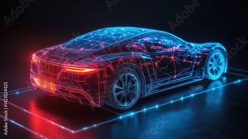 Futuristic car design with digital network, rendered on a dark studio