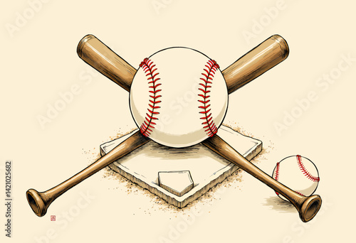 Baseball Still Life: Bats, Base, and Balls Art Illustration