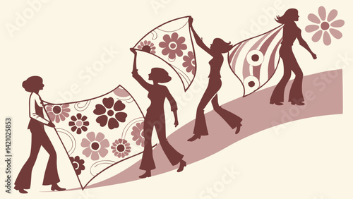 Retro 1970s Women Silhouettes Carrying Floral Patterned Fabric Vintage Textile Art