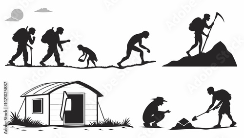 Black and White Silhouettes Set People Hiking Climbing Camping and Digging Outdoors Adventure