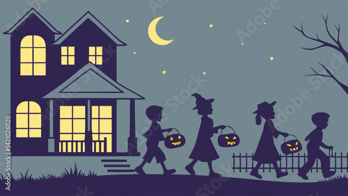 Halloween Night Kids Trick or Treating Silhouettes Illustration Spooky House