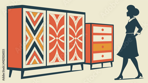 Stylish Mid-Century Modern Furniture Retro Graphic Illustration of Cabinet Chest of Drawers Geometric Patterns and Woman