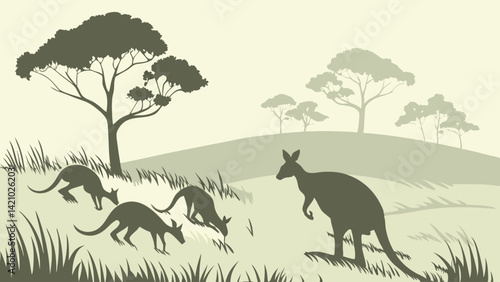 Australian Kangaroos Silhouette in Grassy Landscape with Trees - Nature Art