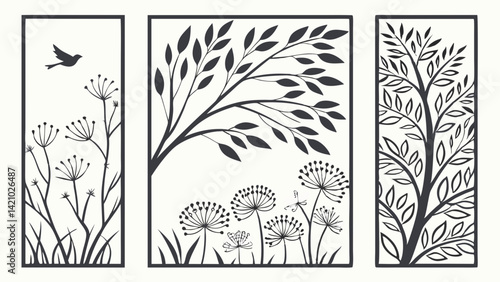 Set Of 3 Black Silhouette Nature Decorative Wall Art Panels With Trees Flowers And Bird Laser Cut Design