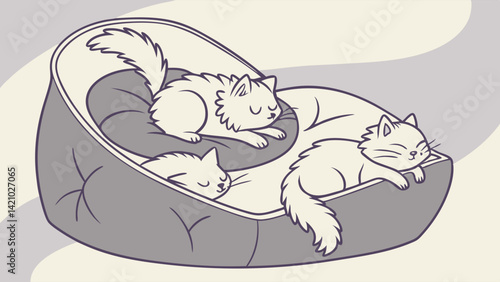 Cute Fluffy Cats Sleeping in a Cozy Plush Cat Bed Simple Line Art Illustration