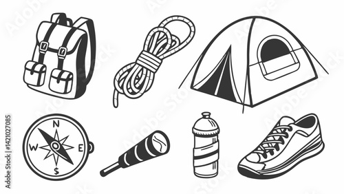 Camping Hiking Gear Line Art: Backpack Tent Compass Rope Water Bottle Shoe Vector Illustration