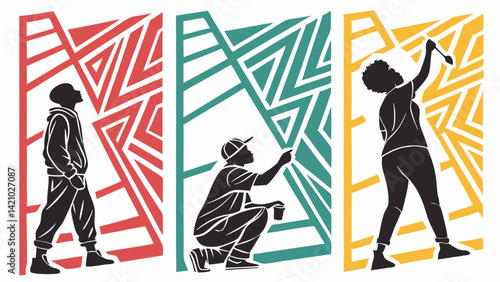 Colorful Mural Painting Vector Art People Silhouettes