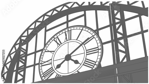 Large Station Clock with Roman Numerals in Arched Building Illustration Black and White Graphic Art
