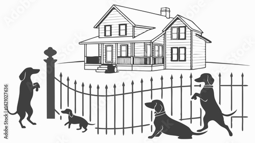 Black and White Illustration of Dogs Playing by a Wrought Iron Fence and House