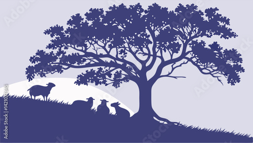 Serene Silhouette of Tree and Sheep Resting on Grassy Hillside Landscape
