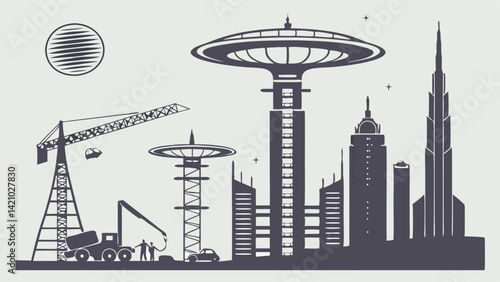 Monochromatic Silhouette of Futuristic City Construction and Development