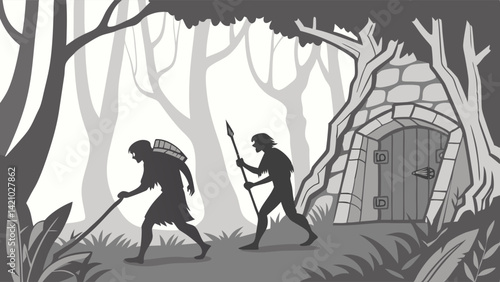 Prehistoric Humans with Spear and Pack Approach Stone Cave in Misty Forest Illustration