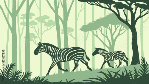 Stylized flat illustration of two zebras adult and foal walking in a green forest savanna landscape wildlife.