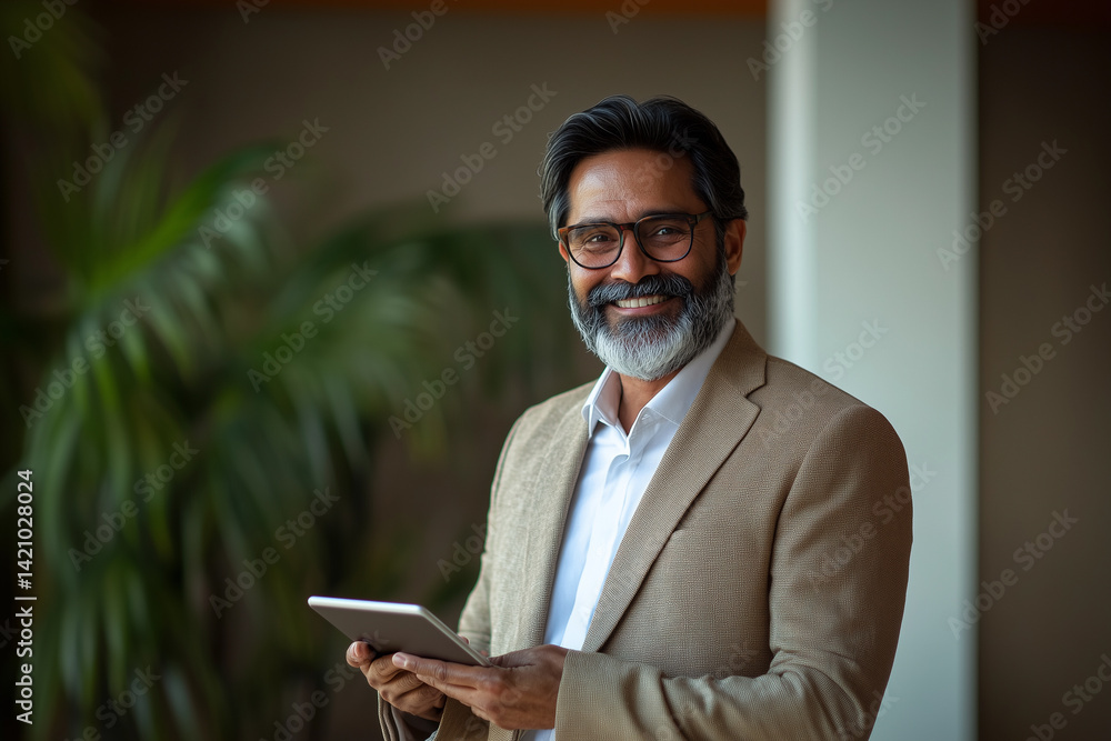 Confident mature businessman smiling while holding tablet in modern office
