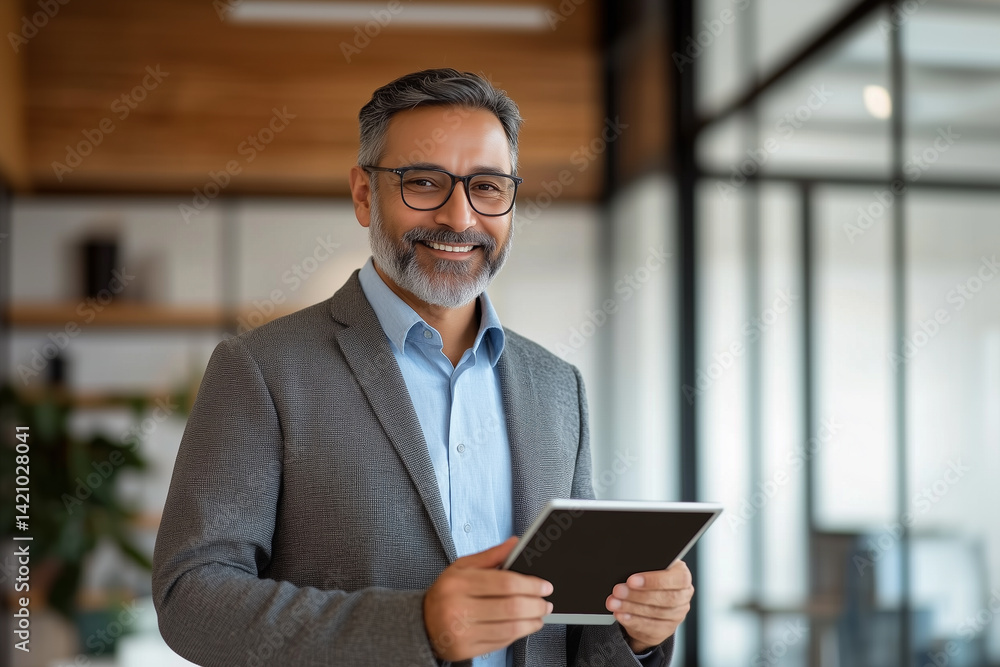 Confident mature businessman smiling while holding tablet in modern office
