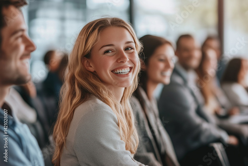 Happy young woman smiling at business seminar with diverse audience