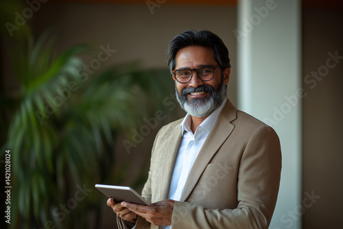 Confident mature businessman smiling while holding tablet in modern office