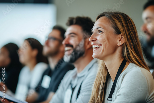 Happy young woman smiling at business seminar with diverse audience