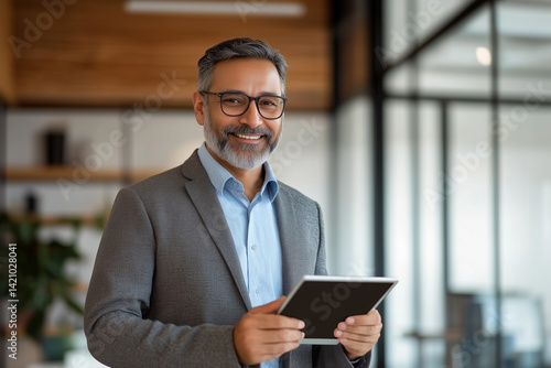 Obraz na płótnie Confident mature businessman smiling while holding tablet in modern office w salonie