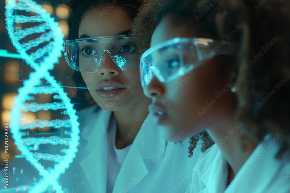 Female Scientists Analyzing DNA Structure in Futuristic Laboratory