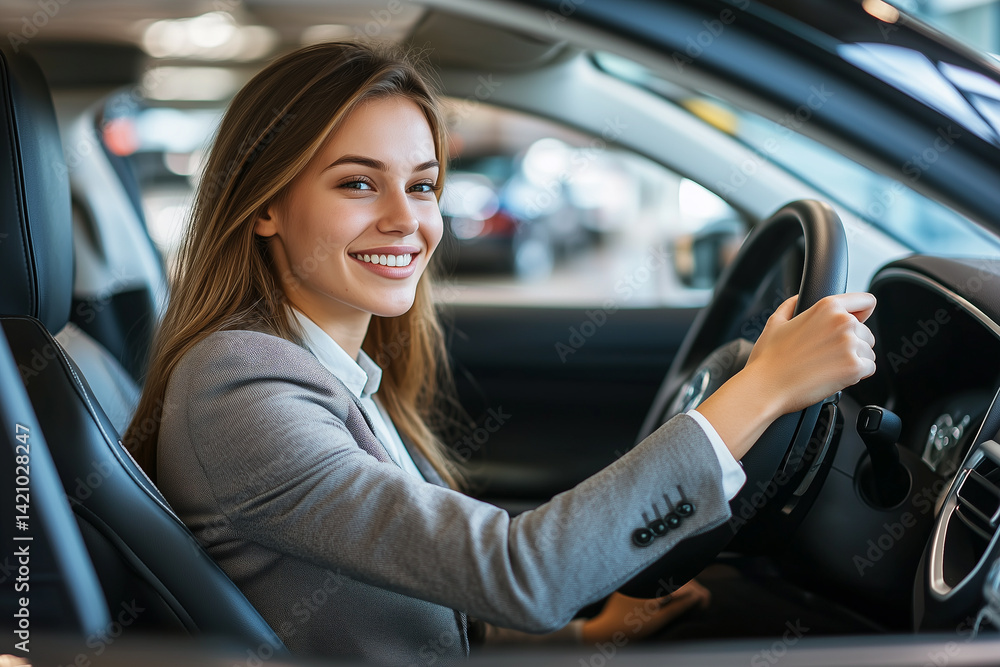 Smiling Woman Sitting in Car Driver’s Seat