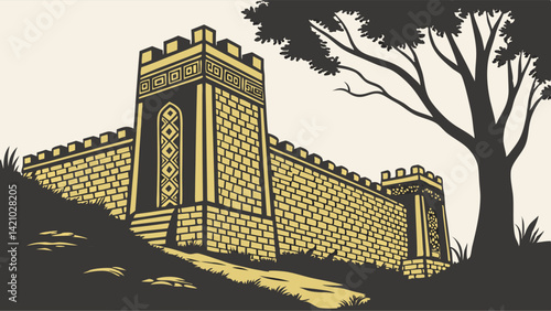 Vintage Illustrated Castle Wall Towers Tree Hill Vector Art