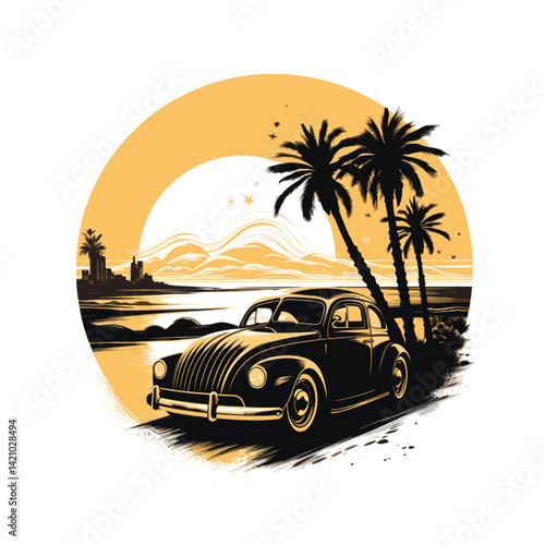 Retro Car at Beachside Sunset with Palm Trees Illustration